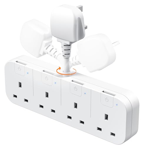 Multi Plug Extension Socket 4 Way with Flexible Plug 4 Gang Plug Adapter UK with Individual Switches Short Small Extension Adaptor for Home Kitchen. White