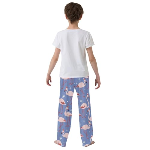 Xmas Flamingo Snowflake Boys Long Pants Soft Trousers Elastic Waist Kids Lounge Bottoms with Pockets S-XL3