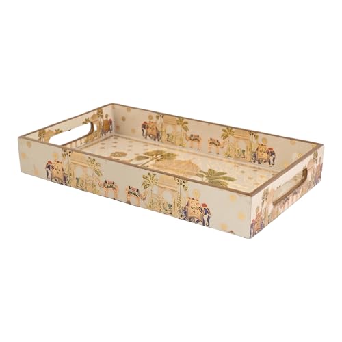 Image of Wooden Serving Tray with Gold Engraving | Set of 1 | Size :14 x 8 inch | Enamel Coated Waterproof | Rectangular | Decorative Trays | Royal Camel Medium