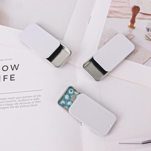 Image of 70 Pack White Slide Top Tin Containers, Mini Metal Tin Box with Slide Lid, Empty Lip Balm Containers for DIY Projects, Pills, Candies, Jewelry (2.36 x 1.34 x 0.43 Inch)