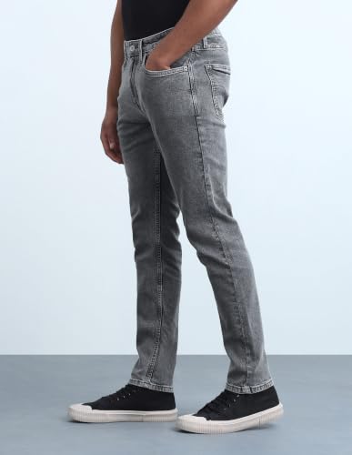 Image of Flying Machine Washed Black Cotton Blend Slim Tapered Men's Jeans