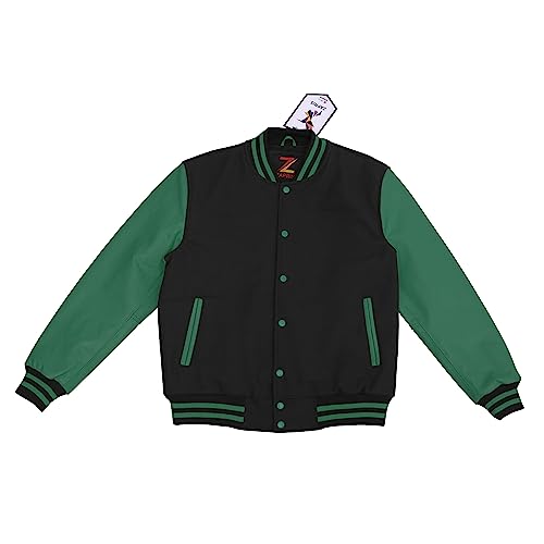 Bomber Jacket Men Motorcycle Biker Racer Baseball Letterman Varsity Jacket Wool Cowhide Leather Dark Green Sleeve