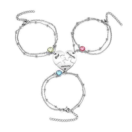 Zysta 3/4 PCS Puzzle Piece Bracelet Set for Best Friend Stainless Steel Best Friends Forever Matching Heart Puzzle Link Bracelet for BFF Family Love Friendship Jewelry Gift Sets - Main Image