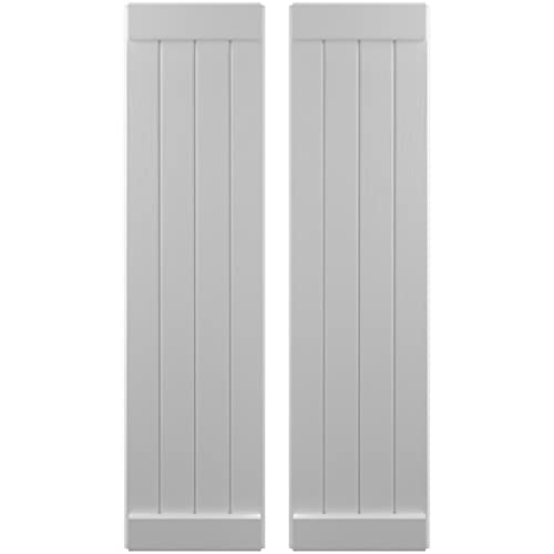 14"W x 58"H Americraft Four Board Exterior Real Wood Joined Board-n-Batten Shutters w/End Batten (Per Pair), Primed