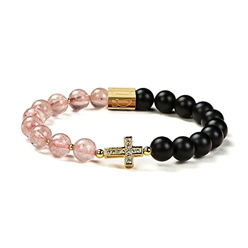 Morchic Natural Strawberry Quartz Crystal/Onyx Gemstones Cross Prayer Stretch Lady Bracelet for Womens Girls 8mm