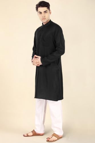 Image of Men's Cotton Solid Kurta Set Mandarin Collar Regular Fit Long Sleeves Ethnic Dress