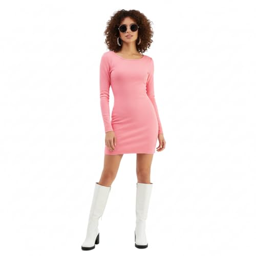 Image of Bedazzle Women's Pink Ribbed Bodycon Mini Dress Long Sleeve Wide Neck Slim Fit Stretch Knit Cocktail Party Casual Short Dress Style