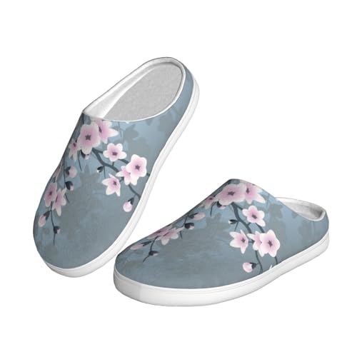 Floral Cherry Blossom Dusty Pink Blue Full Print Flannel Slippers，Soft Warm Upper, Anti-Slip TPR Sole, for Casual Use2