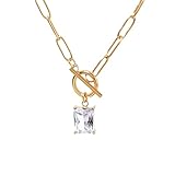 TaYolnFaSo Emerald-cut Imitation Diamond Pendant Paperclip Chain Necklace Paperclip Toggle Necklace Emerald Cut CZ Jewelry April Birthstone Gift for Women