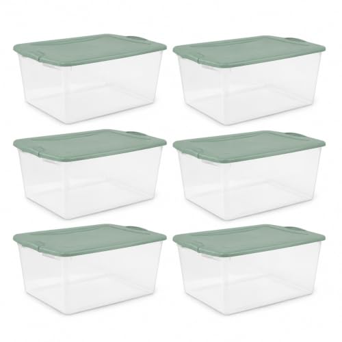Image of Storage Bins 66 Qt Clear Latching Lid Stackable 6 Pack Sage Green