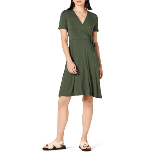 Amazon Essentials Damen Kurzärmliges Kleid mit Wickeloptik, Dunkles...
