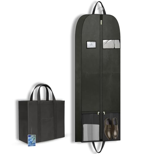 CYD 60” Long Garment Bag for Women, Foldable Travel and Hanging Garment suit Bags for Clothing with Shoe Pocket, Accessory Pouch, and ID Window for Suit, Long Dresses, Gowns, Coats, Black 1 Pack