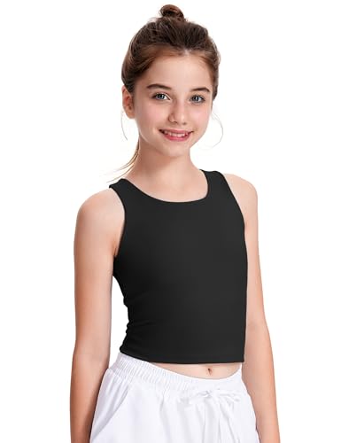 JOCMIC Girls Tank Tops Athletic Tanks with Built-in Bra Double-Lined Racerback Workout Crop Tops for Sports Yoga Black 9-10 Years