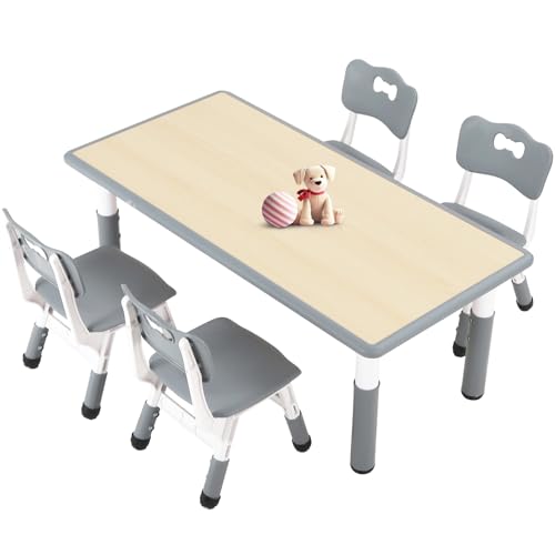 Image of FUNLIO Kids Table and 4 Chairs Set for Ages 3-8, Height Adjustable Toddler Table and Chair Set, Easy to Wipe Arts & Crafts Table, for Classrooms /Daycares /Homes, CPC & CE Approved (5-Piece Set) - Gray