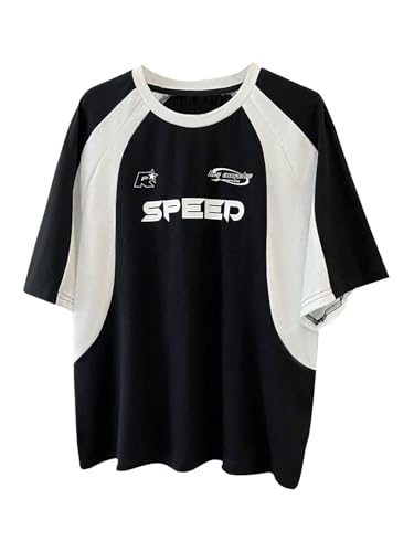 MakeMeChic Girl's Letter Graphic Colorblock T Shirt Crew Neck Ralgan Short Sleeve Oversized Tee Top