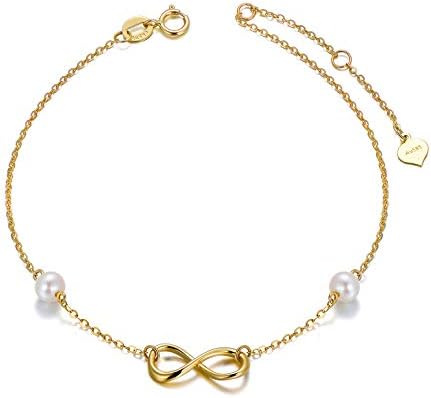 SISGEM 14k Gold Infinity Anklets for Women, Real Pearl Love Knot Ankle Bracelet Jewelry Gifts for Her, 8.6-10.2 Inch