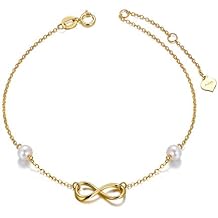 14k Gold Infinity Bracelet for Women, Real Pearl Love Knot Bracelet, 6.9"+0.7"+0.7"