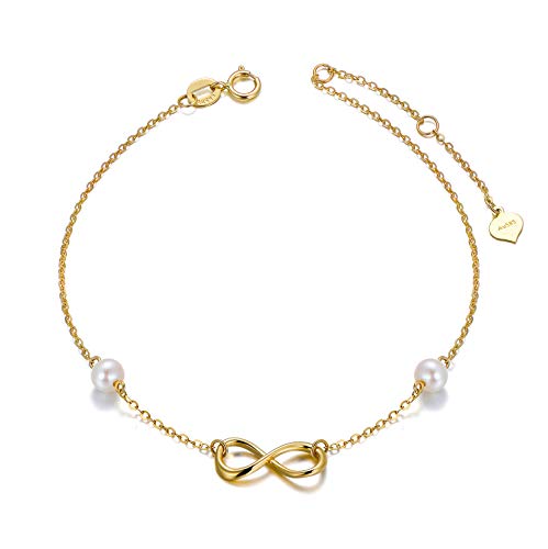 14k Gold Infinity Bracelet for Women, Real Pearl Love Knot Bracelet, 6.9