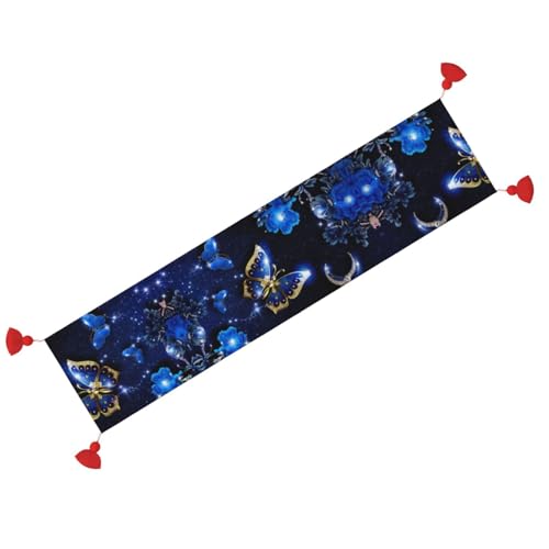 Chemin de table macramé bleu papillon avec pompons faits main 100% coton - 3