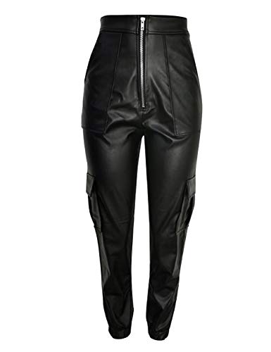 Sexyshine Women's Faux Leather Loose Solid Pant High Waist Baggy Jogger Cargo Pant with Pockets4