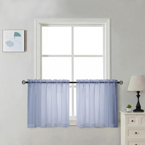 Image of Chyhomenyc Sheer Tier Curtains 24 Inch Length - Small Window Kitchen Curtains for Bathroom Living Room Basement, Farmhouse Short Voile Curtain 42Wx24L, Rod Pocket, 2 PCS, Denim Blue