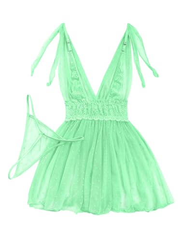 Image of Lilosy Sexy Polka Dots Mesh Sheer Lace Babydoll Chemise Lingerie Set Floral Sleep Wear