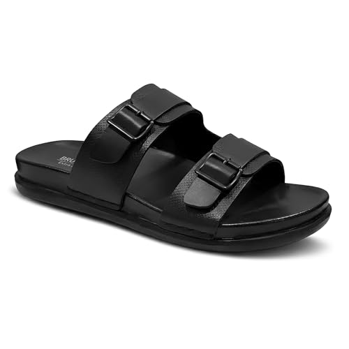 Image of BRUTON Men's STRIVO-1141 Wedge Sandals | Adjustable Buckle Toe Ring Comfort Sandals | Lightweight Cushioned Footbed | Anti-Slip Casual Outdoor & Daily Wear Footwear | Black