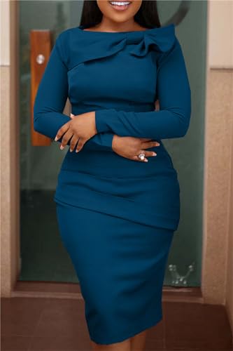 Women Vintage Pencil Midi Dress Long Sleeve Ruched Work Party Church Elegant Bodycon Dresses4