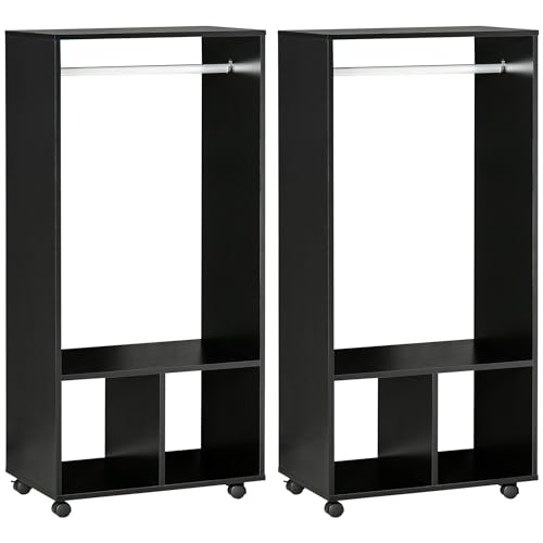 HOMCOM Lot de 2 portants à vêtements penderie Mobile avec roulettes 2 niches + Grand Espace penderie en Bois Noir