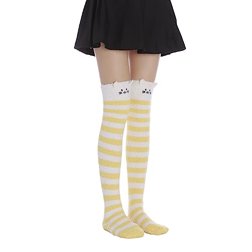 Image of Thigh High Fuzzy Socks Cute Animal Coral Fleece Over the Knee Thigh High Long Stockings Warm Stripe