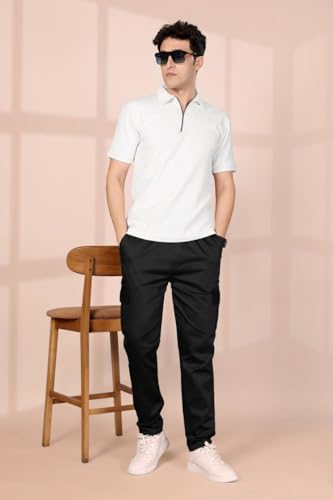 Image of Men's Solid Cargo Jogger Pants with Elastic Waistband & Side Utility Pockets