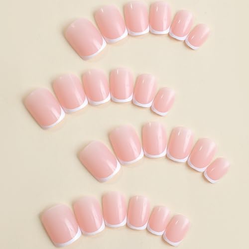 Image of White French Tip Press on Nails Short Square Fake Nails Design Reusable Glossy Full Cover Nude Stick on Nail for Women Manicure 24Pcs