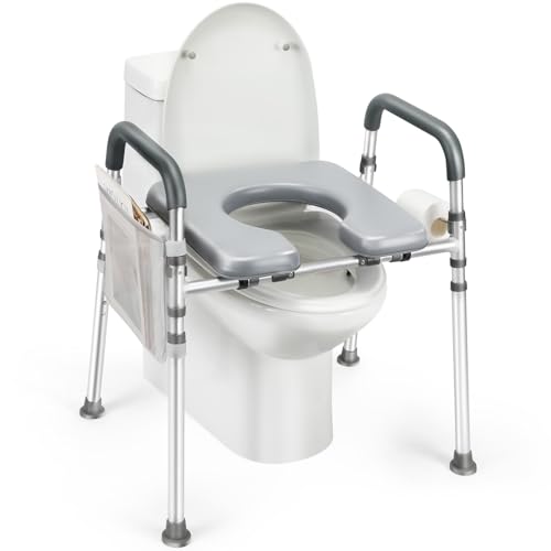 Raised Toilet Seat with Handles, 500lb Handicap Toilet Seat with Handles Over Toilet, Commode Chair with Adjustable Height & Width, Toilet Seat Risers for Seniors, Elderly, Handicap