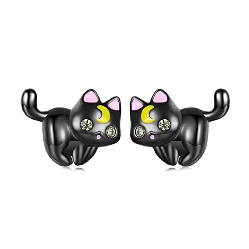 Qings Pendientes de gatito de luna de plata de ley 925 con circonita para mujer, Circonita cúbica