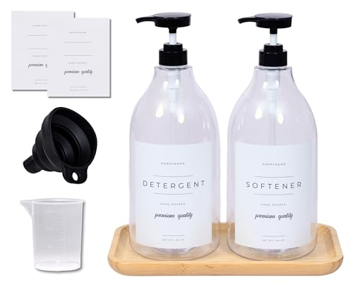 Laundry Detergent Dispenser - Fabric Softener Liquid Dispenser for Laundry Room - 64oz Plastic Soap Dispenser, Waterproof Labels, Collapsible Funnel, Extra Labels, Measuring Cup&Bamboo Tray - Set of 2