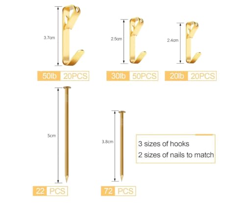 Image of 184 Pieces Picture Hanging Kit, 20lb, 30lb, and 50lb Picture Hangers, Metal Picture Hanging Hooks with Nails, on Drywall, Wooden Wall(Gold) (Pack of 2)