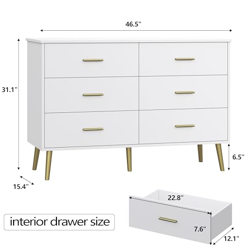 White Dresser for Bedroom, Dressers & Chests of Drawers for Clothes Storage, Wood Dresser for Closet with 6 Drawers, Wide Long Clothes Organizer with LED Light for Hallway, Entryway, Metal Handles - Image 2