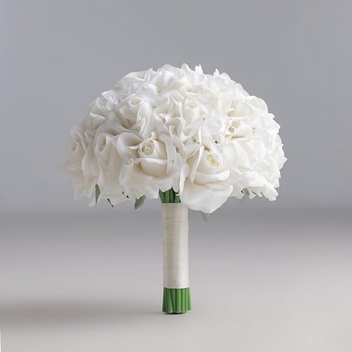JoyKnotique 10 Inch Wedding Bouquets for Bride, Morandi White Cream White Real Touch Faux Roses Flowers, Ivory Roses Artificial Flowers, Bridal Bouquets for Wedding Prom