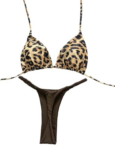 SweatyRocks Leo Bikini Damen Set 2-teiler Badeanzug Tanga Bikinis Triangel Bademode Brazilian Strandmode Neckholder Swimsuit Urlaub Outfit Leoparden L