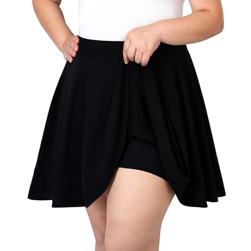 LEACOOLKEY Jupe patineuse courte pour femme, taille haute, trapèze, élastique, avec plis et short intégré, grande taille, taille L à 5XL, A-Noir, 4XL