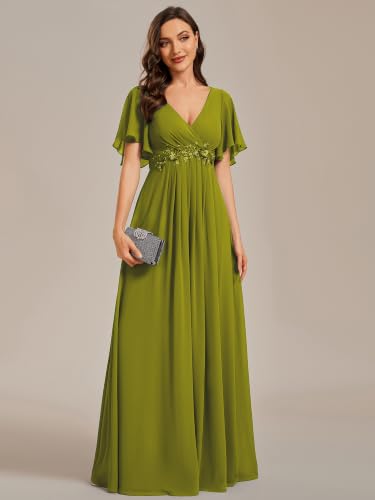 Image of Ever-Pretty Womens V Neck Applique Mother of the Bride Dresses Formal Dress | Chiffon, Short Sleeves, Ruched, A-Line, Bridesmaid Dresses, Formal Gown, Black Tie Dress