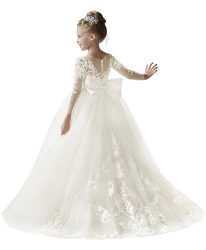 JISISANG Lace Tulle Wedding Flower Girl Dress Long Sleeve Princess First Communion Dresses Pageant Tutu Dress with Bow Knot