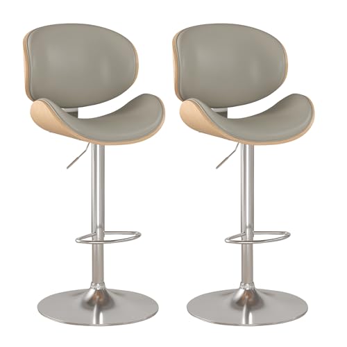 KCC Bar Stools Set of 2, Swivel Adjustable Height Barstools, PU Leather Upholstered Bar Chairs with Footrest, Bentwood Bar Stool for Kitchen, Bar, Dining Room(Grey PU)