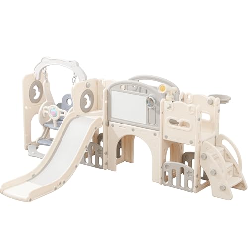 Toddler Swing and Slide Set for Kids, 12 in 1 Indoor Playground for Toddlers Age 1-3, Kids Slide and Swing Set with Basketball Hoop, Tunnel, Outdoor Playset Backyard with Non-Slip Steps (White Set)