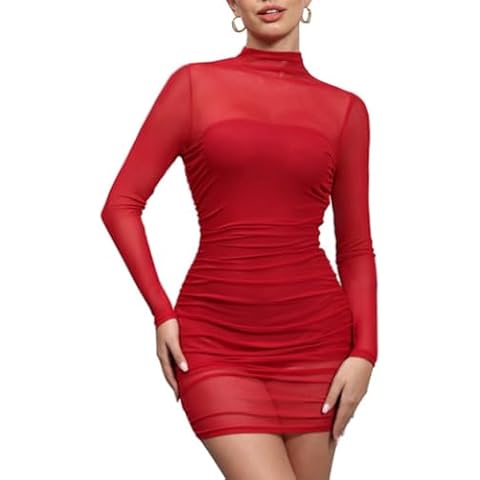 Agenlulu Mesh See Through Dresses for Women Long Sleeve Wrinkled Midi Bodycon Party Club Dress 2 Piece with Jumpsuit Shorts Cover