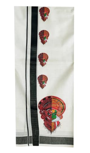 Image of Mens Print along with Border 100% Cotton Cream Dhoti 4.00 Meters Double Mundu /Vesti