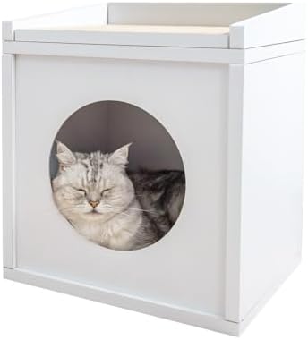 Multi-Functional Cat House – Cat Condo with Cardboard Scratcher, Scratching Post, Bed & Toy Storage, Cozy Cat Furniture & Accessories for Indoor Cats, White