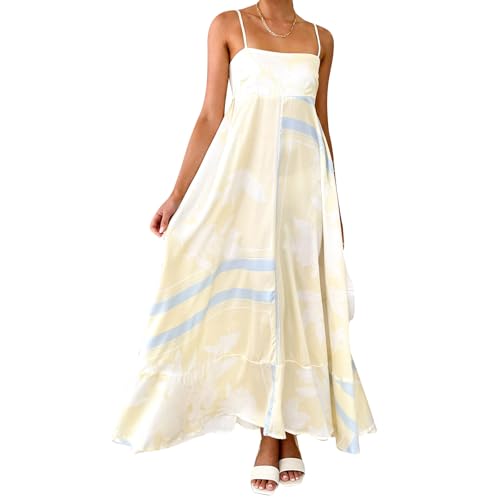 Image of NUFIWI Women Summer Striped Maxi Dress Spaghetti Strap Cutout Ruffle Long Dress Flowy Swing Beach Vocation Dress