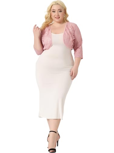 Image of Agnes Orinda Plus Size Bolero Shrugs for Women Cardigans Lightweight 3 /4 Sleeve Floral Lace Sheer Cardigan 3X Dark Pink