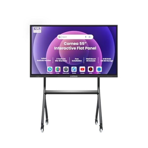 Image of Cornea 55 Inches 4K UHD Touch Screen LED TV UltraTouch Display Interactive Flat Panel with Monitor 3840x2160 Pixels 8GB 128GB with Display Stand Heavy Duty Adjustment Floor TV Trolley with Brackets.
